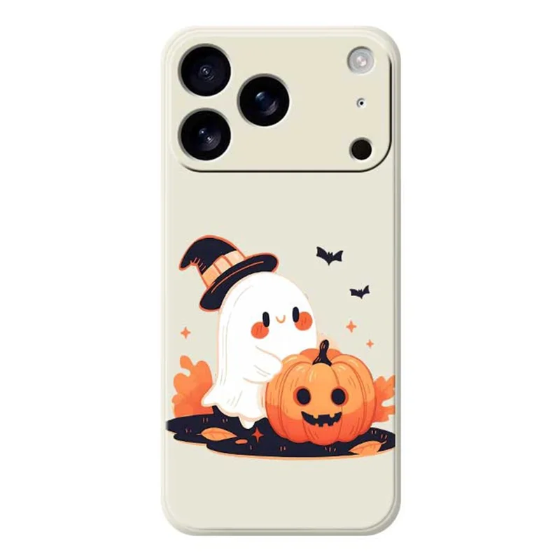 Capa para iPhone 17 Pro Estampa de Fantasma de Halloween Abóbora Impressão Borda Reta Capa Traseira de TPU - Bege