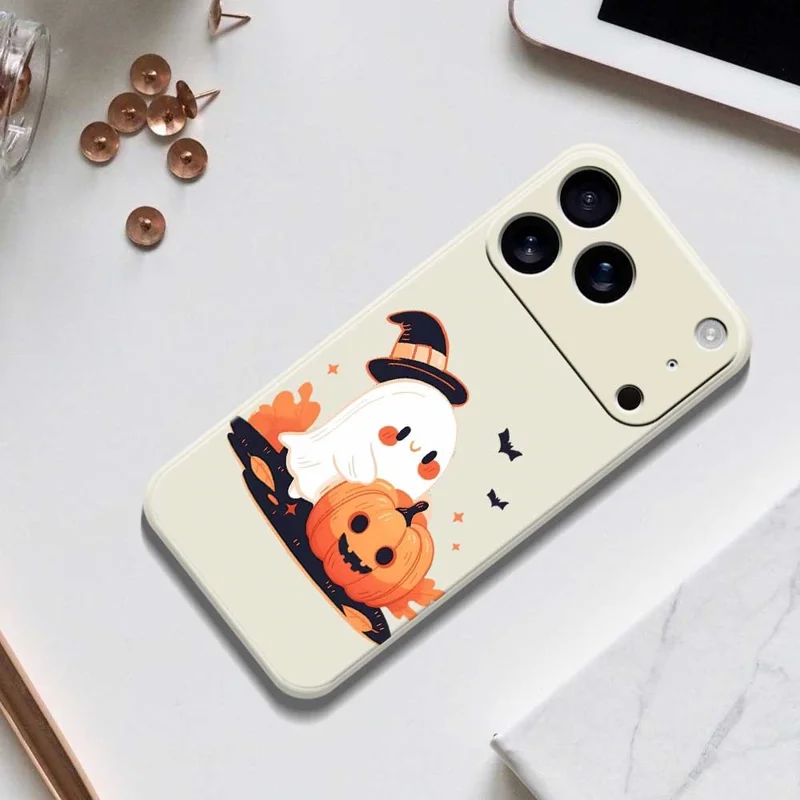 For iPhone 17 Pro Case Halloween Ghost Pumpkin Pattern Printing Straight Edge TPU Phone Back Cover - Black