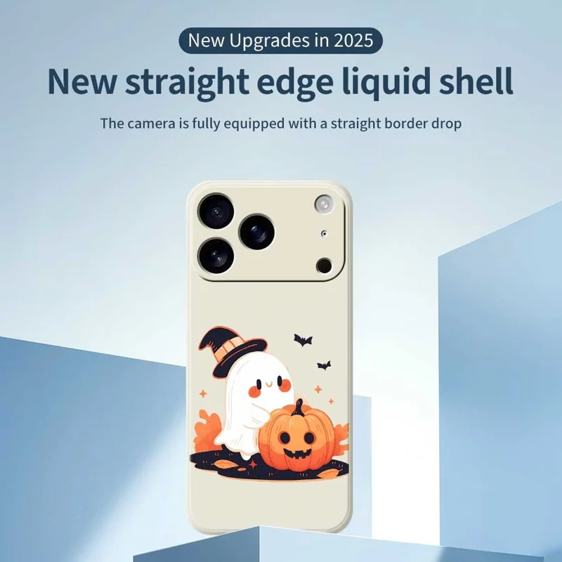 Funda para iPhone 17 Pro Max con Patrón de Fantasma de Halloween y Calabaza, Impresión en Borde Recto, Carcasa Trasera de TPU - Beige