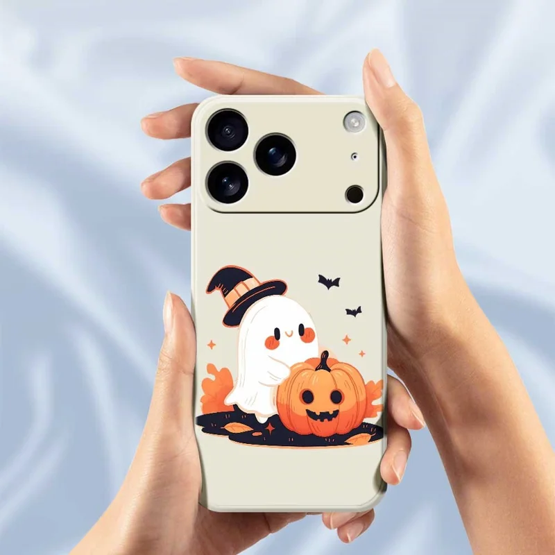 Funda para iPhone 17 Pro Max con Patrón de Fantasma de Halloween y Calabaza, Impresión en Borde Recto, Carcasa Trasera de TPU - Beige