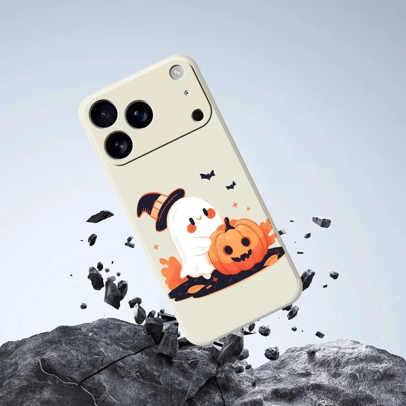 Funda para iPhone 17 Pro Max con Patrón de Fantasma de Halloween y Calabaza, Impresión en Borde Recto, Carcasa Trasera de TPU - Beige