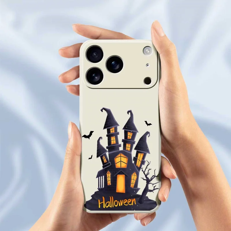 For iPhone 17 Pro Max Case Halloween Castle Pattern Printing Straight Edge TPU Phone Back Cover - Beige