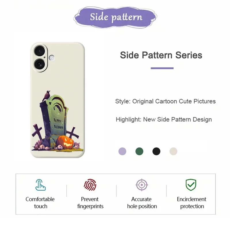 Funda para iPhone 17 con Patrón de Lápida de Halloween, Impresión de Borde Recto, Carcasa Trasera de TPU - Beige