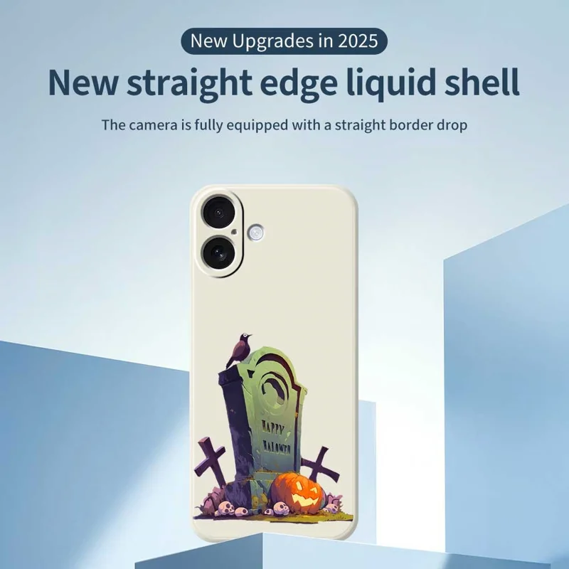 Funda para iPhone 17 con Patrón de Lápida de Halloween, Impresión de Borde Recto, Carcasa Trasera de TPU - Beige