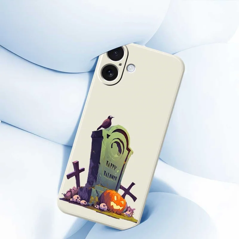 Funda para iPhone 17 con Patrón de Lápida de Halloween, Impresión de Borde Recto, Carcasa Trasera de TPU - Beige