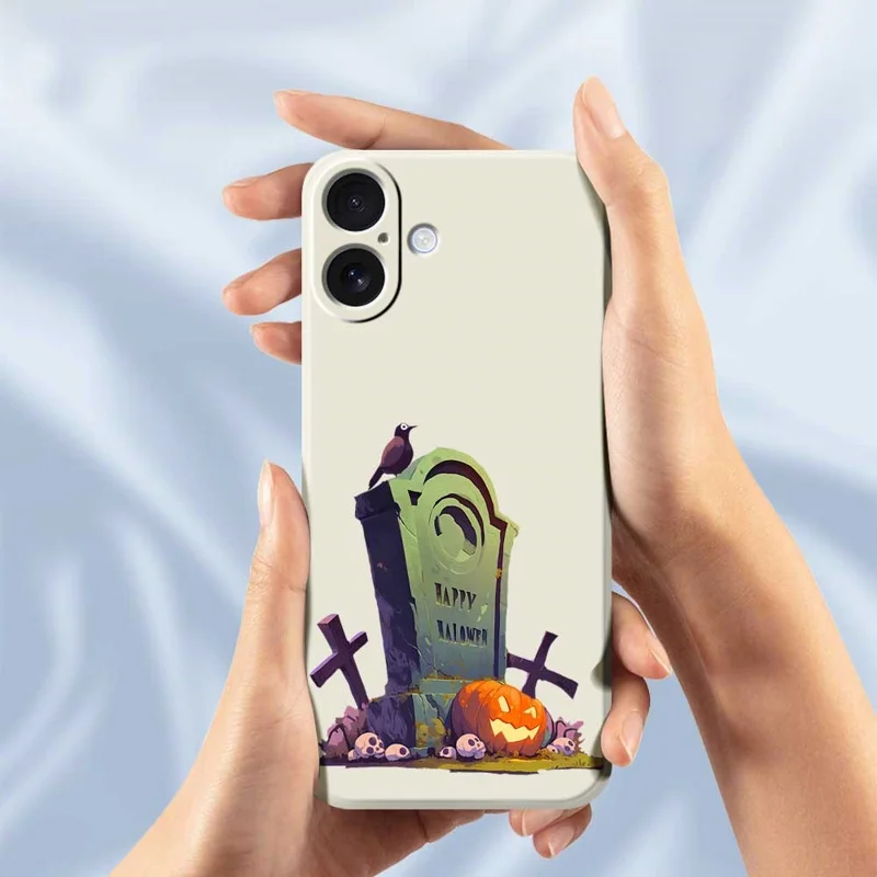 Funda para iPhone 17 con Patrón de Lápida de Halloween, Impresión de Borde Recto, Carcasa Trasera de TPU - Beige