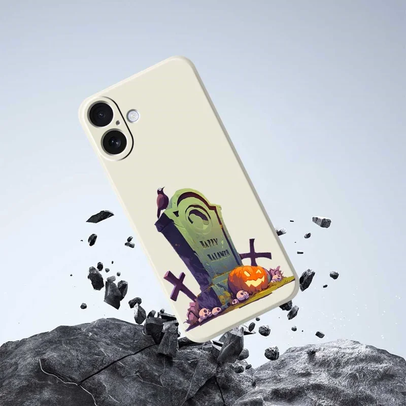 Funda para iPhone 17 con Patrón de Lápida de Halloween, Impresión de Borde Recto, Carcasa Trasera de TPU - Beige