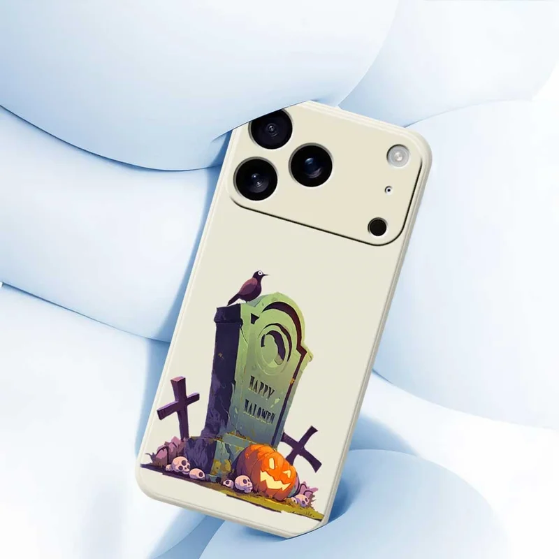 Funda para iPhone 17 Pro con Estampado de Lápida de Halloween, Borde Recto, Cubierta Trasera de TPU - Beige