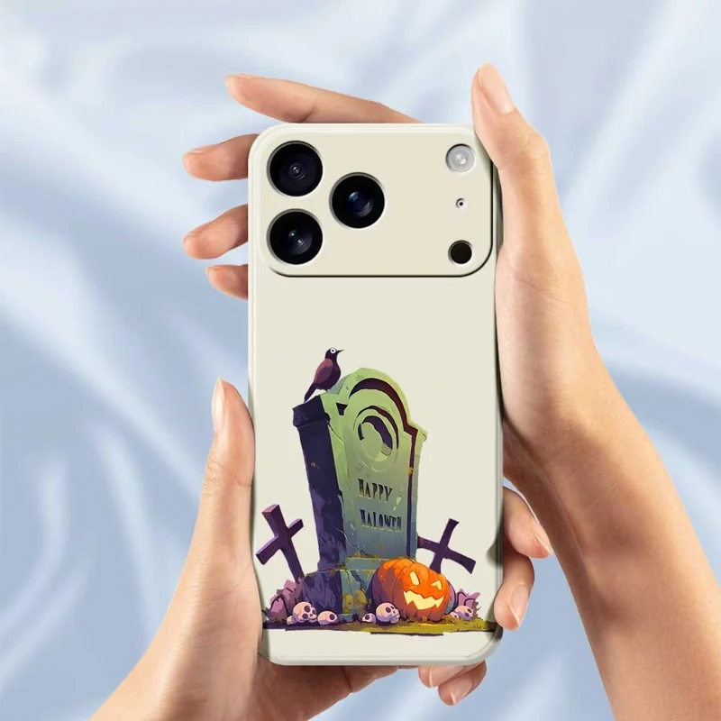 Funda para iPhone 17 Pro con Estampado de Lápida de Halloween, Borde Recto, Cubierta Trasera de TPU - Beige