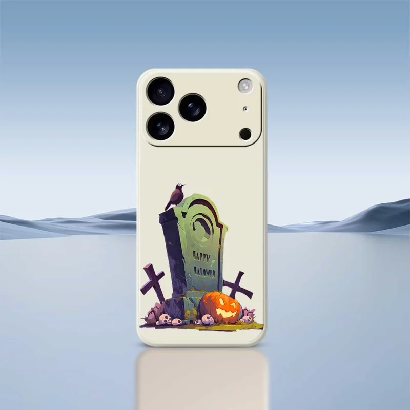 Funda para iPhone 17 Pro con Estampado de Lápida de Halloween, Borde Recto, Cubierta Trasera de TPU - Beige