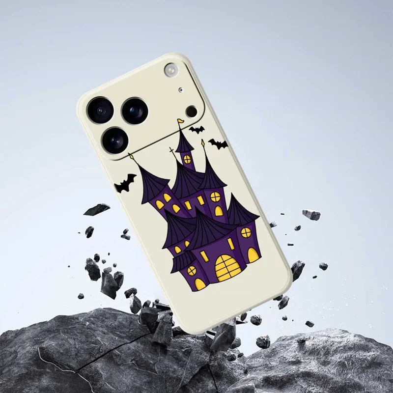 For iPhone 17 Pro Case Bat Castle Pattern Printing Straight Edge TPU Phone Back Cover - Beige