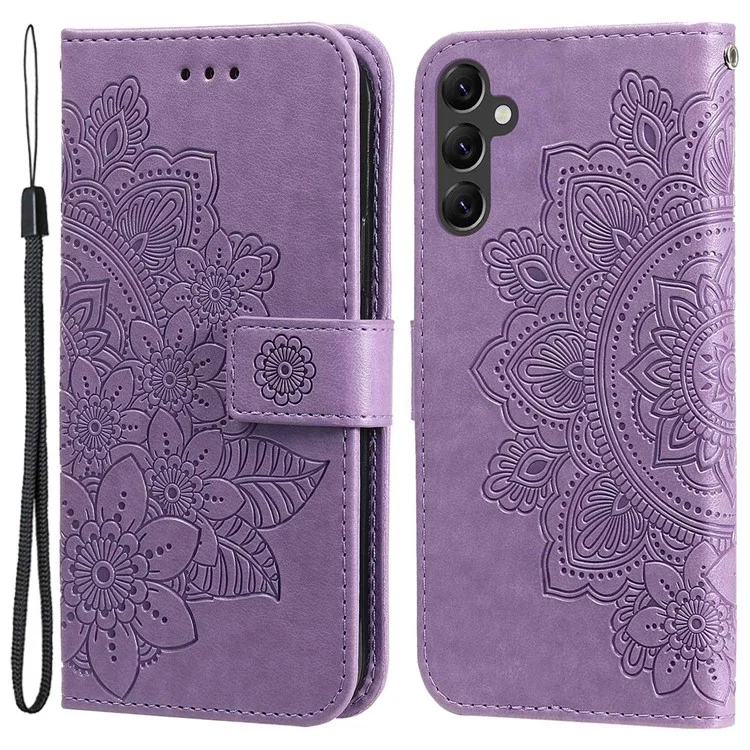 Per Samsung Galaxy A14 5G / A14 4G Custodia in pelle PU con stampa a fiori Folio Flip Foldable Stand Wallet Phone Cover con cinturino - Viola