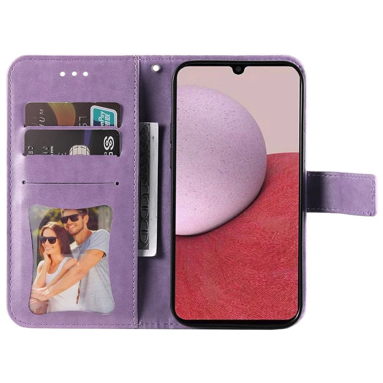 Per Samsung Galaxy A14 5G / A14 4G Custodia in pelle PU con stampa a fiori Folio Flip Foldable Stand Wallet Phone Cover con cinturino - Viola