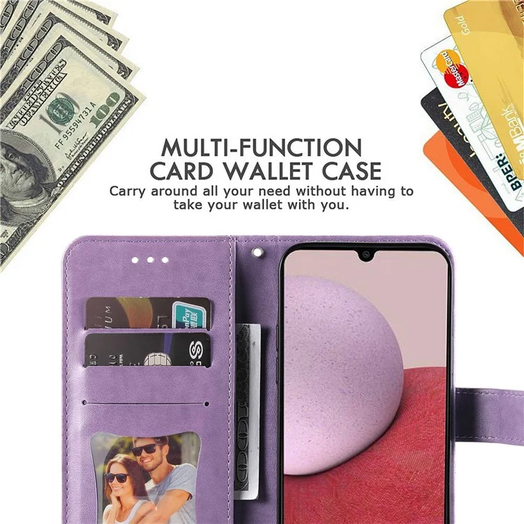 Per Samsung Galaxy A14 5G / A14 4G Custodia in pelle PU con stampa a fiori Folio Flip Foldable Stand Wallet Phone Cover con cinturino - Viola