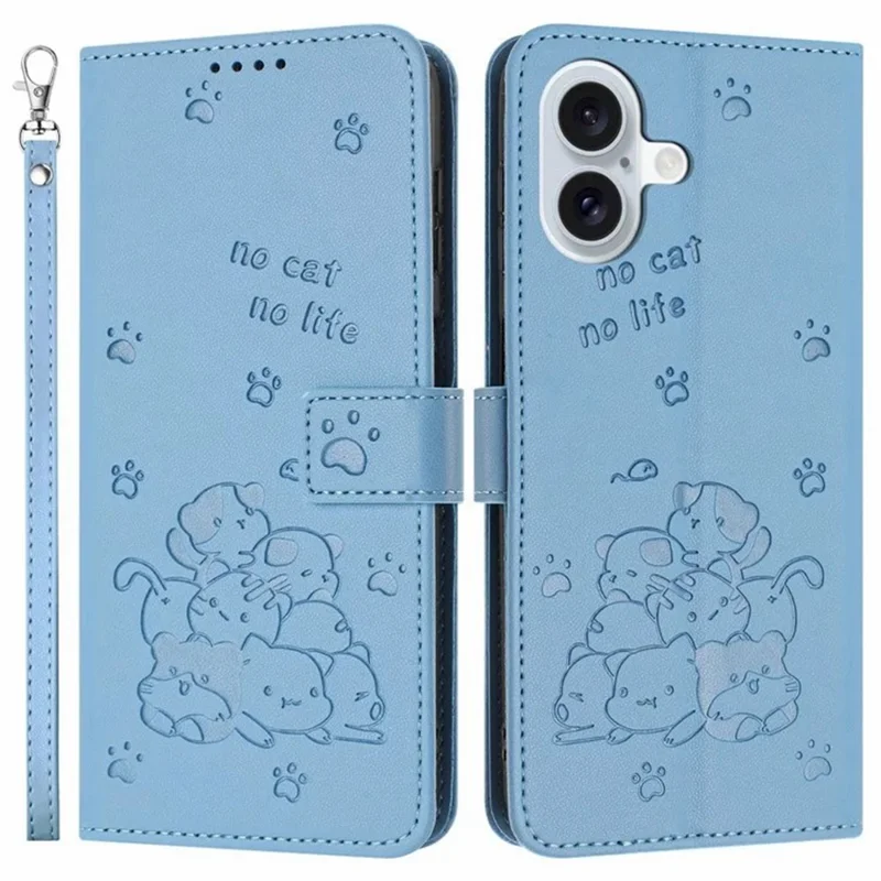 Funda tipo cartera para iPhone 17 con estampado de gatos en cuero con correa - Azul