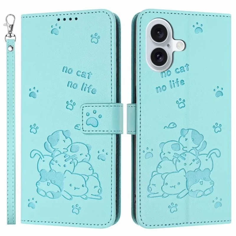 Capa de Carteira para iPhone 17 com Estampa de Gatos em Couro com Alça - Verde