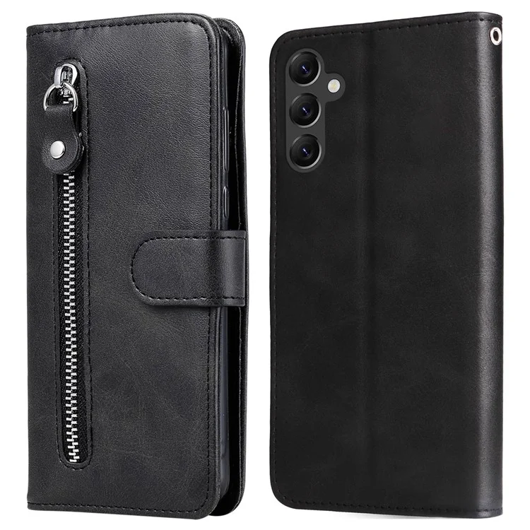 Pour Samsung Galaxy A14 5G / 4G Calf Texture Magnetic Clasp Wallet Phone Shell Zipper Pocket Stand PU Leather Case - Noir