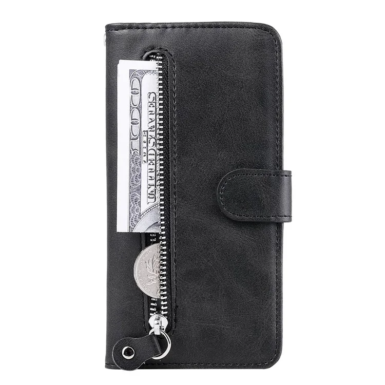 Pour Samsung Galaxy A14 5G / 4G Calf Texture Magnetic Clasp Wallet Phone Shell Zipper Pocket Stand PU Leather Case - Noir