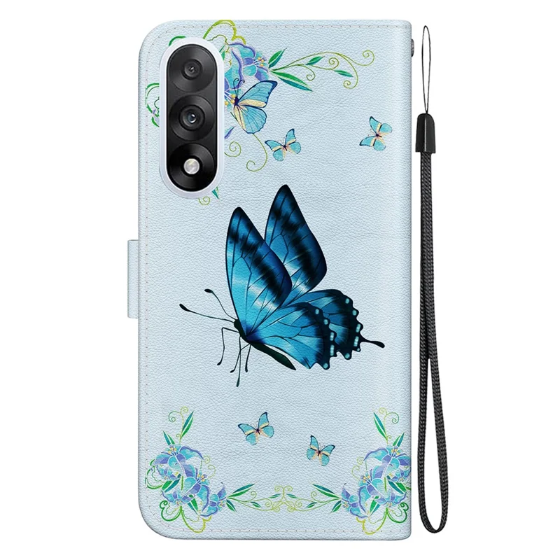 Capa de Carteira para OnePlus Nord 5 5G Antiderrapante com Estampa de Borboleta Azul e Flor, com Alça e Proteção Contra Quedas