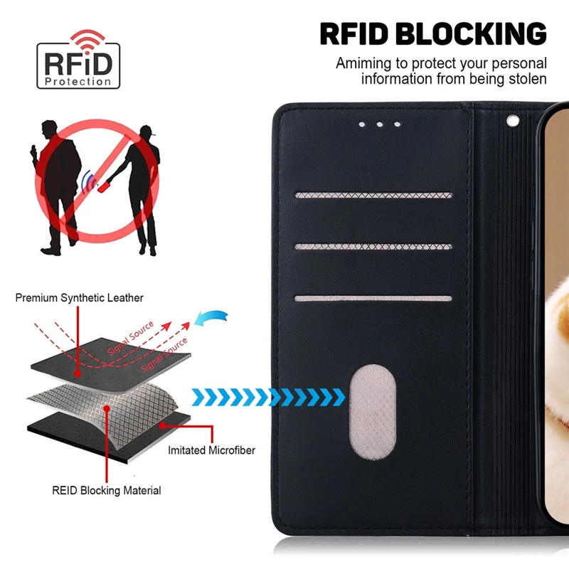 For OnePlus Nord 5 5G Case RFID Blocking Kitten Pattern TPU + PU Leather Phone Cover with Wrist Strap - Black