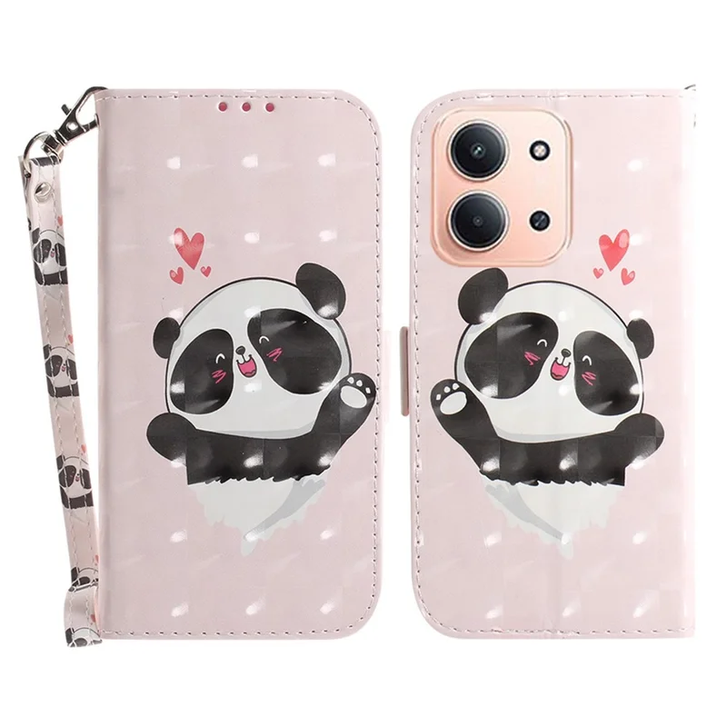 Capa para Xiaomi Redmi 15C 4G (173mm) com Estampa de Padrão, Carteira de Couro para Celular com Alça de Pulso - Panda Coração de Amor