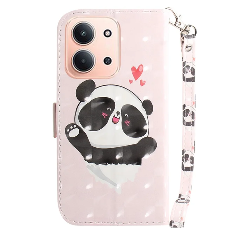 Capa para Xiaomi Redmi 15C 4G (173mm) com Estampa de Padrão, Carteira de Couro para Celular com Alça de Pulso - Panda Coração de Amor