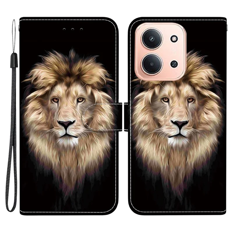 Pour Xiaomi Redmi 15C 4G (173mm) Étui à Motif Imprimé en Cuir avec Portefeuille et Lanière - Tête de Lion