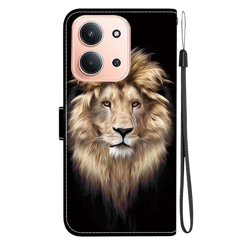 Pour Xiaomi Redmi 15C 4G (173mm) Étui à Motif Imprimé en Cuir avec Portefeuille et Lanière - Tête de Lion