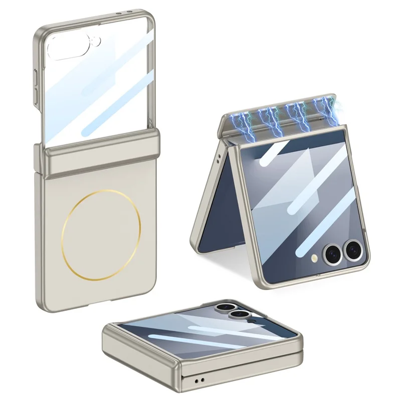 GKK Pour Samsung Galaxy Z Flip7 5G Étui Magnétique Protection de Charnière PC Verre Trempé Film Protection de Téléphone - Gris Titane
