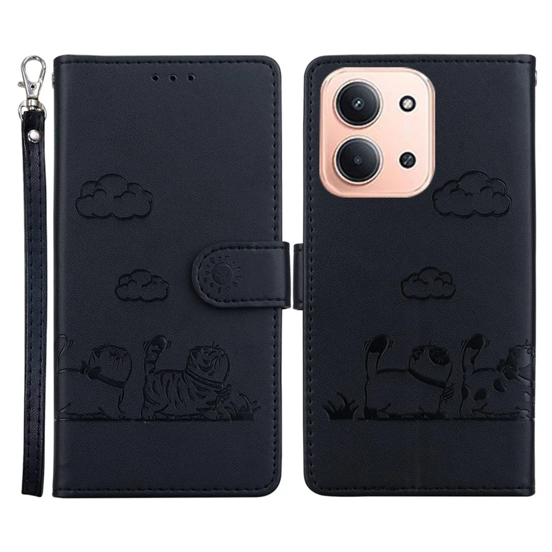 Capa para Xiaomi Redmi 15C 4G (173mm) com Padrão de Gatinho, Bloqueio RFID, TPU + Couro PU, Alça de Pulso - Preto