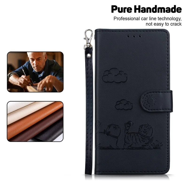 Capa para Xiaomi Redmi 15C 4G (173mm) com Padrão de Gatinho, Bloqueio RFID, TPU + Couro PU, Alça de Pulso - Preto