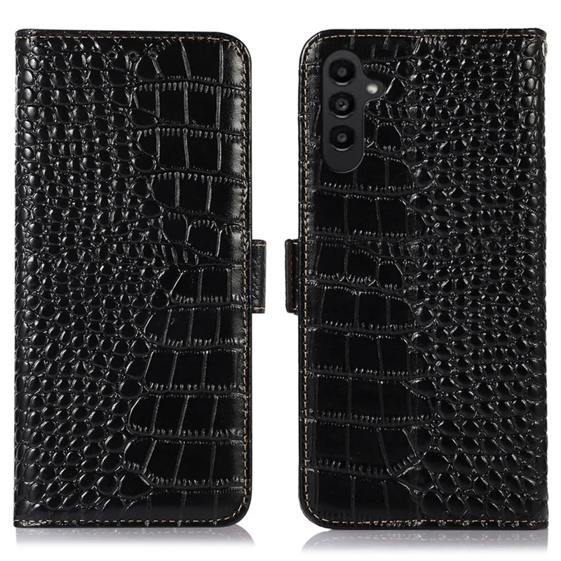 Til Samsung Galaxy A14 5G / A14 4G Ægte Koægte Læder Side Magnetisk Knap Telefon Case Krokodille Tekstur RFID Blokering Ståplads Wallet Cover - Sort