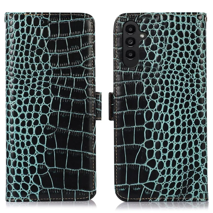 For Samsung Galaxy A14 5G / A14 4G Genuine Cowhide Leather Side Magnetic Clasp Phone Case Crocodile Texture RFID Blocking Stand Wallet Cover - Green