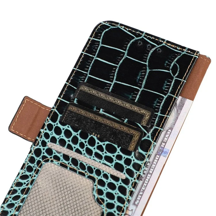 For Samsung Galaxy A14 5G / A14 4G Genuine Cowhide Leather Side Magnetic Clasp Phone Case Crocodile Texture RFID Blocking Stand Wallet Cover - Green
