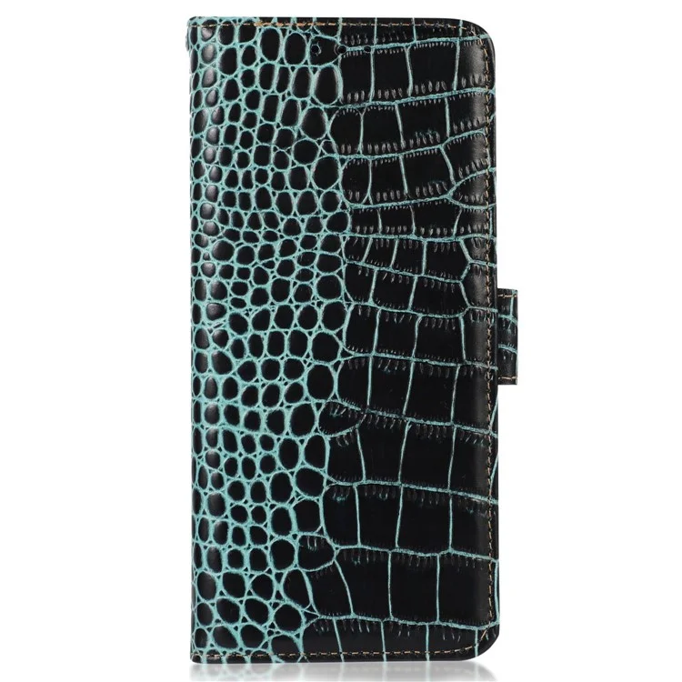 For Samsung Galaxy A14 5G / A14 4G Genuine Cowhide Leather Side Magnetic Clasp Phone Case Crocodile Texture RFID Blocking Stand Wallet Cover - Green