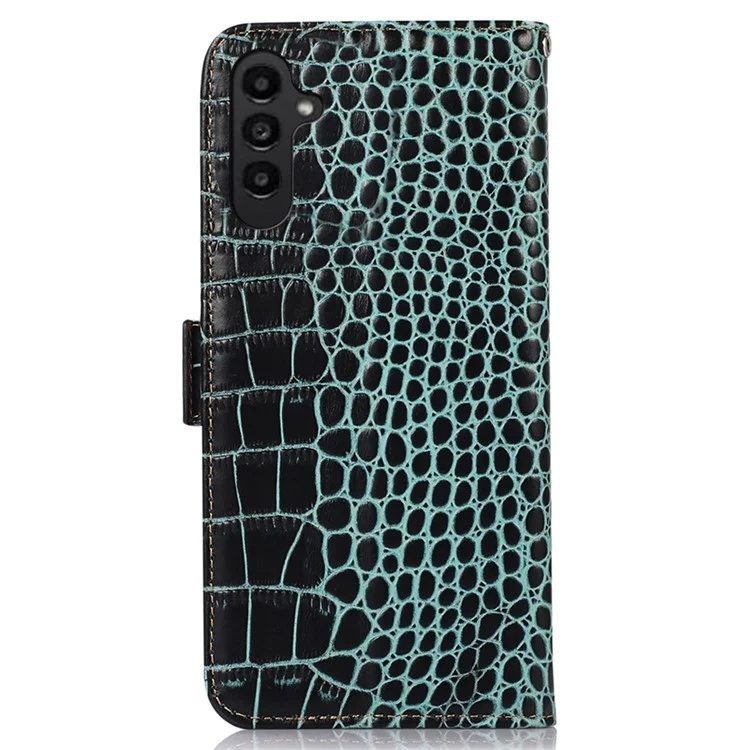 For Samsung Galaxy A14 5G / A14 4G Genuine Cowhide Leather Side Magnetic Clasp Phone Case Crocodile Texture RFID Blocking Stand Wallet Cover - Green