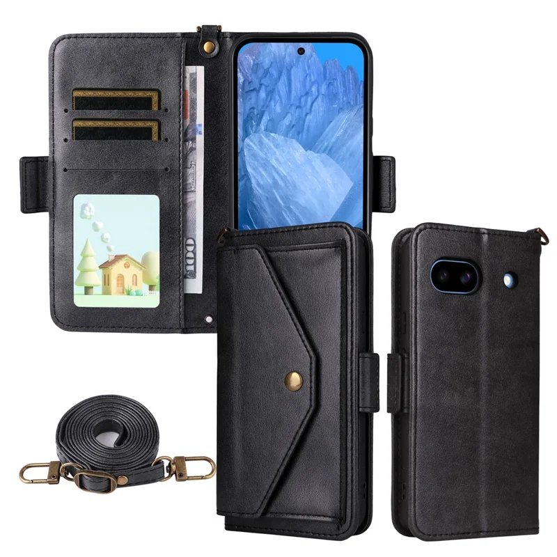 Capa de Couro para Google Pixel 8a, Fecho Magnético, Carteira, Suporte para Telefone com Alça Transversal - Preto