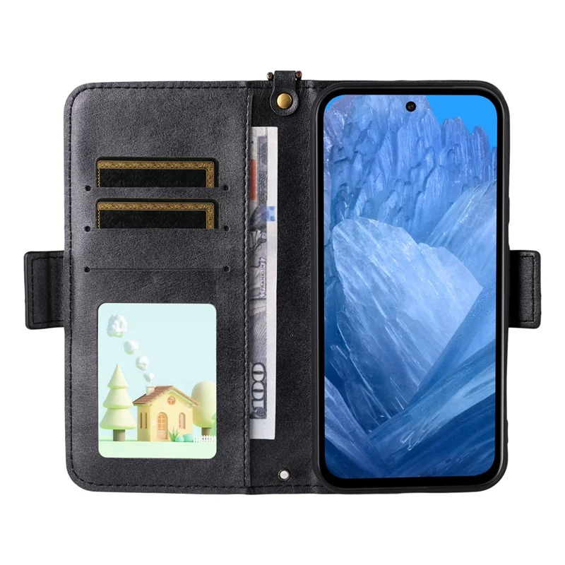 Capa de Couro para Google Pixel 8a, Fecho Magnético, Carteira, Suporte para Telefone com Alça Transversal - Preto