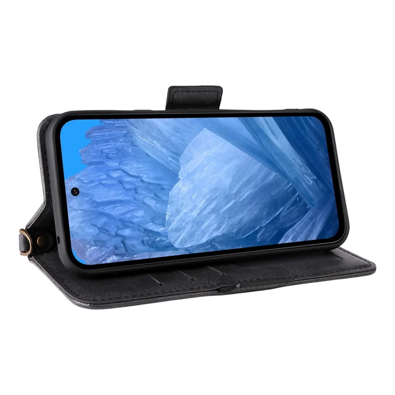 Capa de Couro para Google Pixel 8a, Fecho Magnético, Carteira, Suporte para Telefone com Alça Transversal - Preto