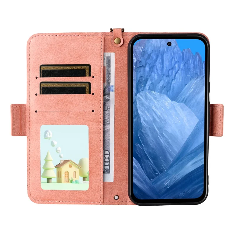 For Google Pixel 8a Leather Case Magnetic Closure Wallet Stand Phone Cover with Crossbody Strap - Pink