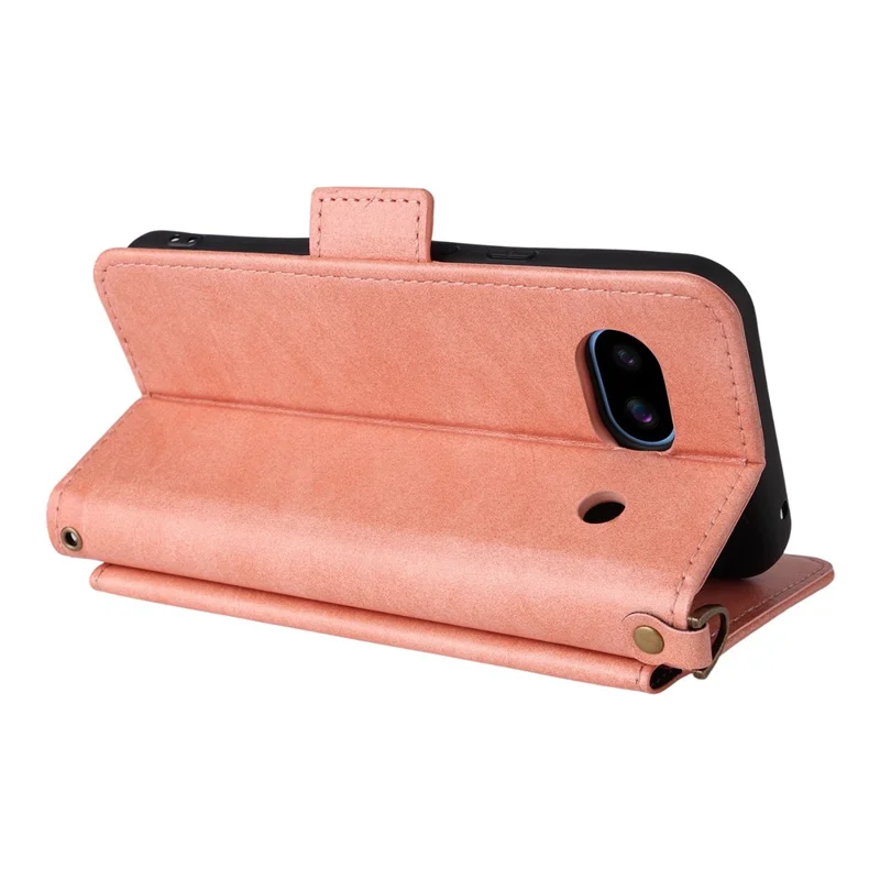 For Google Pixel 8a Leather Case Magnetic Closure Wallet Stand Phone Cover with Crossbody Strap - Pink