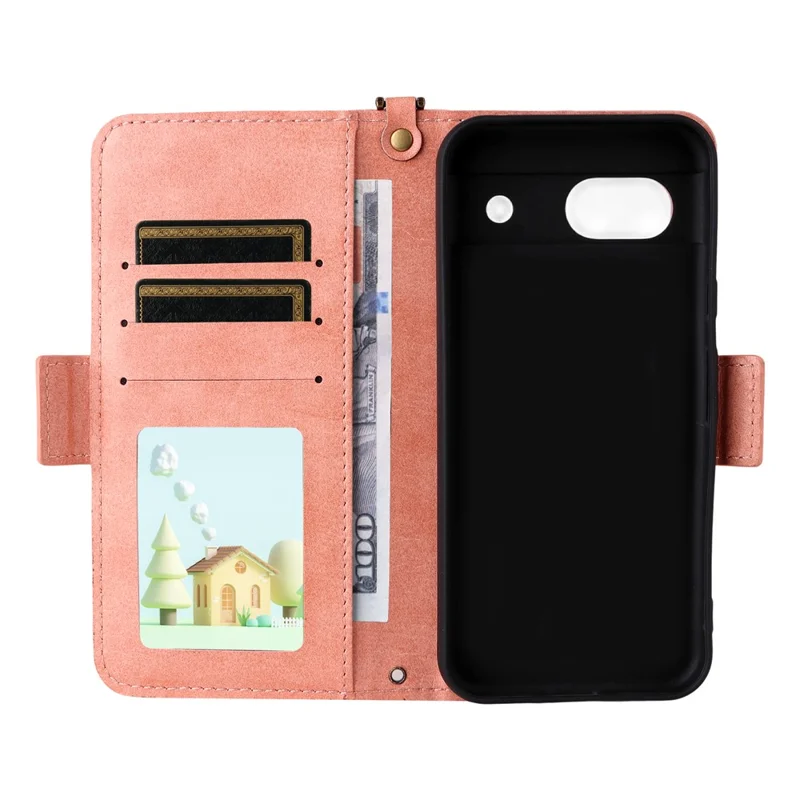 For Google Pixel 8a Leather Case Magnetic Closure Wallet Stand Phone Cover with Crossbody Strap - Pink