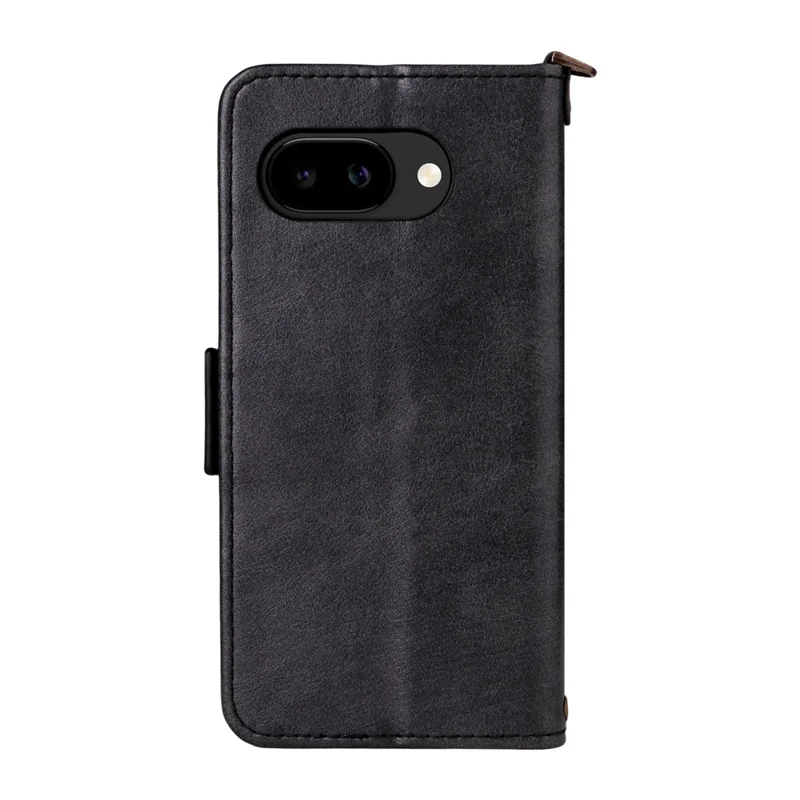 For Google Pixel 9a Leather Case Magnetic Closure Wallet Stand Phone Cover with Crossbody Strap - Black