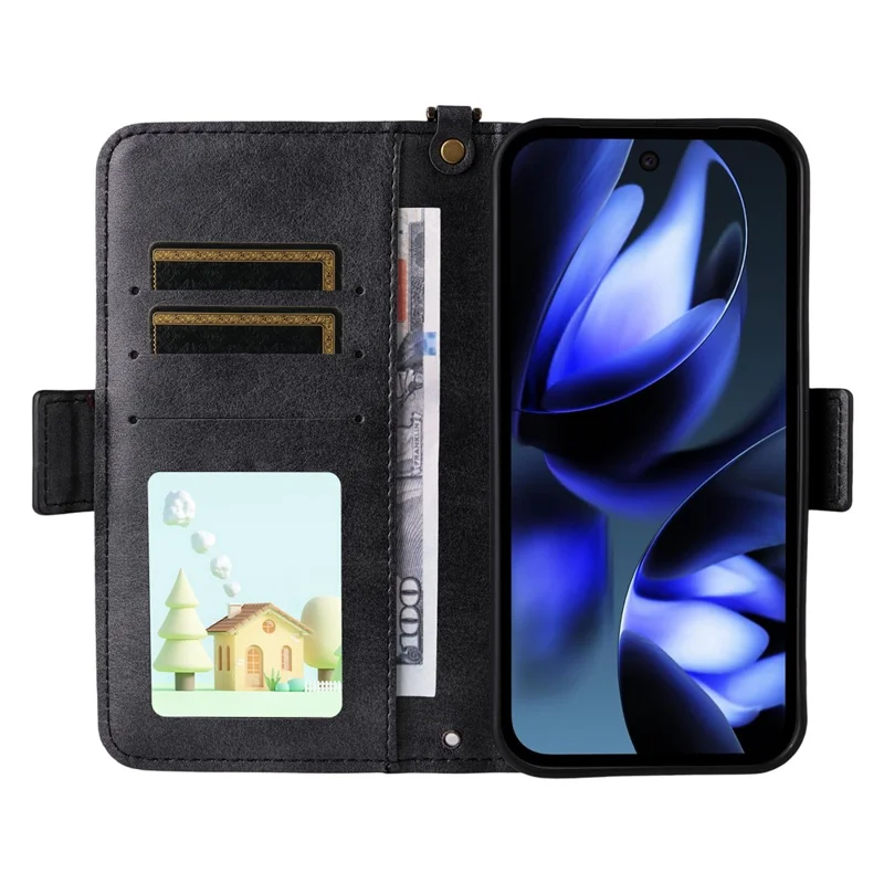 For Google Pixel 9a Leather Case Magnetic Closure Wallet Stand Phone Cover with Crossbody Strap - Black