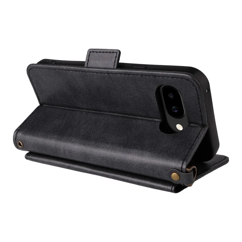 For Google Pixel 9a Leather Case Magnetic Closure Wallet Stand Phone Cover with Crossbody Strap - Black