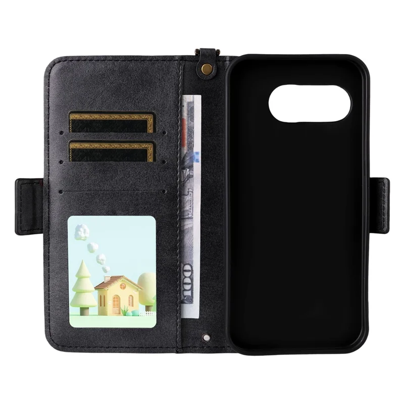 For Google Pixel 9a Leather Case Magnetic Closure Wallet Stand Phone Cover with Crossbody Strap - Black