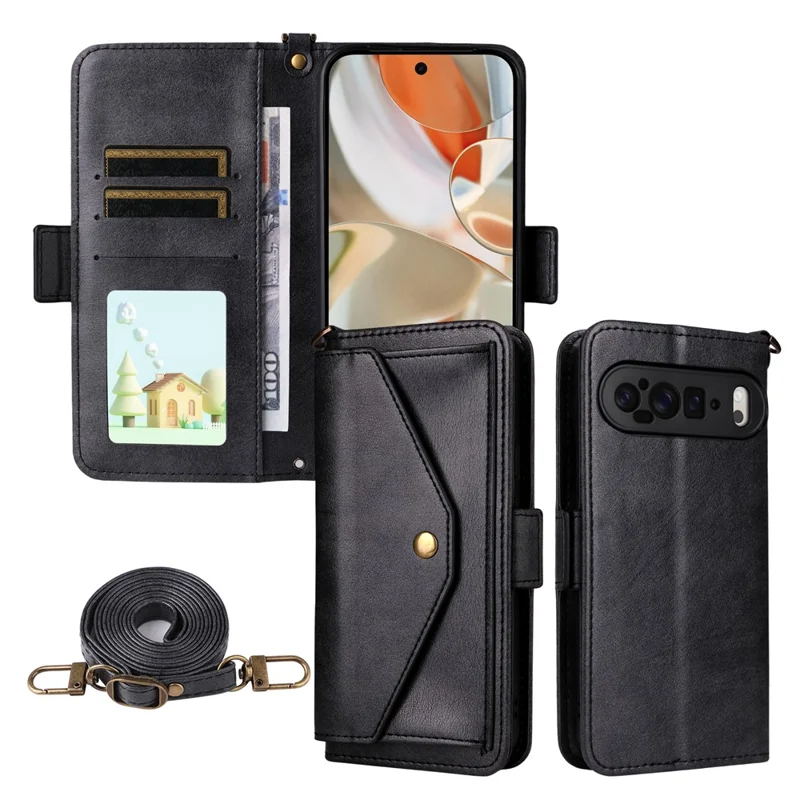 Étui en cuir pour Google Pixel 10 Pro XL / Pixel 9 Pro XL avec fermeture magnétique, support portefeuille et bandoulière - Noir