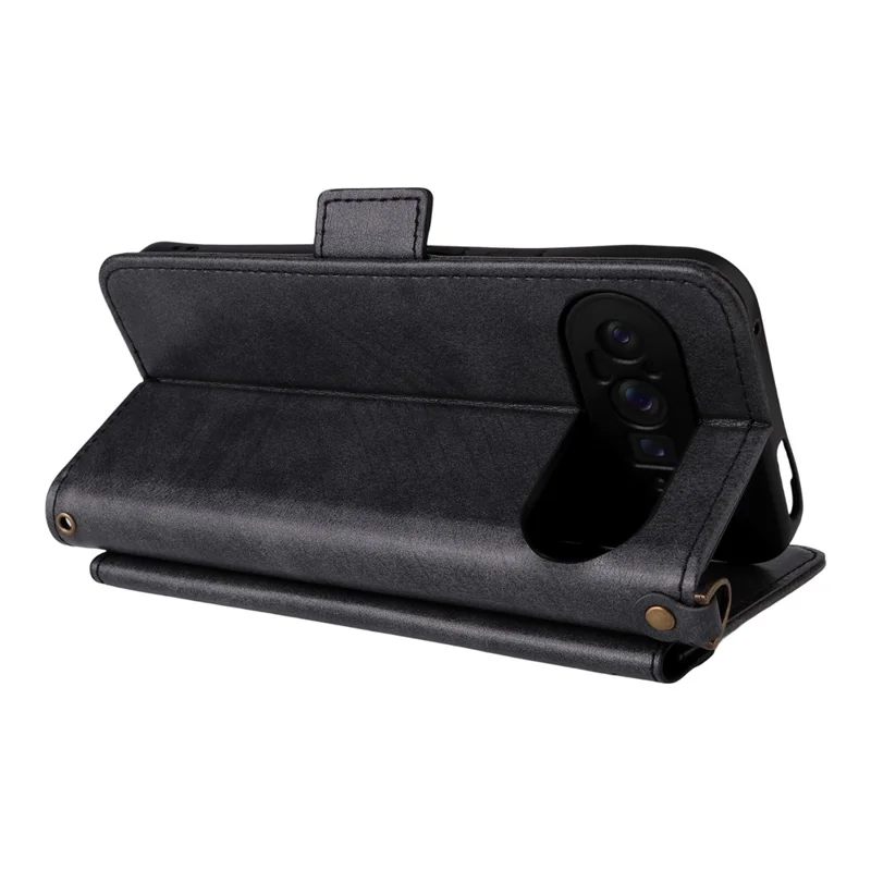 Étui en cuir pour Google Pixel 10 Pro XL / Pixel 9 Pro XL avec fermeture magnétique, support portefeuille et bandoulière - Noir