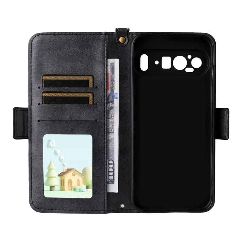 Étui en cuir pour Google Pixel 10 Pro XL / Pixel 9 Pro XL avec fermeture magnétique, support portefeuille et bandoulière - Noir