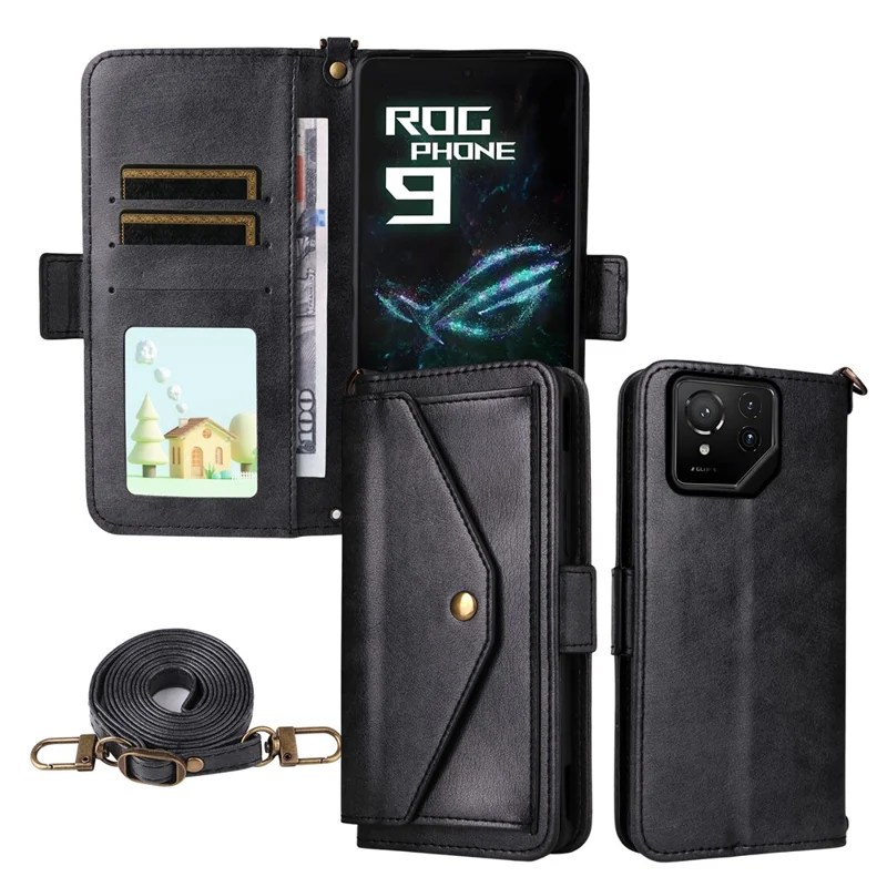 Para Asus ROG Phone 9 5G / 9 Pro 5G Capa de Couro com Fechamento Magnético, Suporte para Carteira e Alça Transversal - Preto